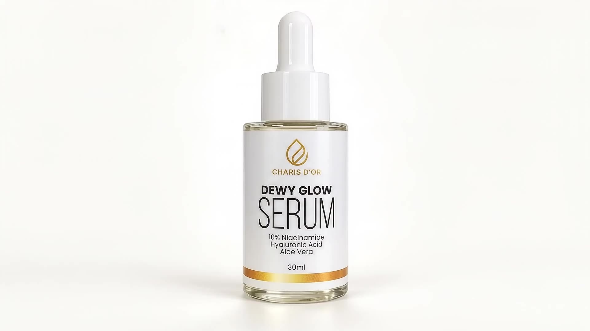 Dewy Glow Serum bottle with clear serum pouring around it